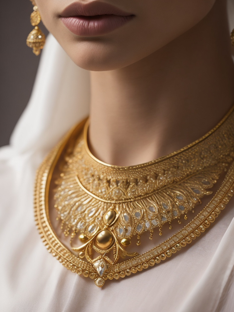Gold jewelry, gold necklace, full view, india style, center, no neck, no pendant, bright color, white background, realistic, high resolution, highly details