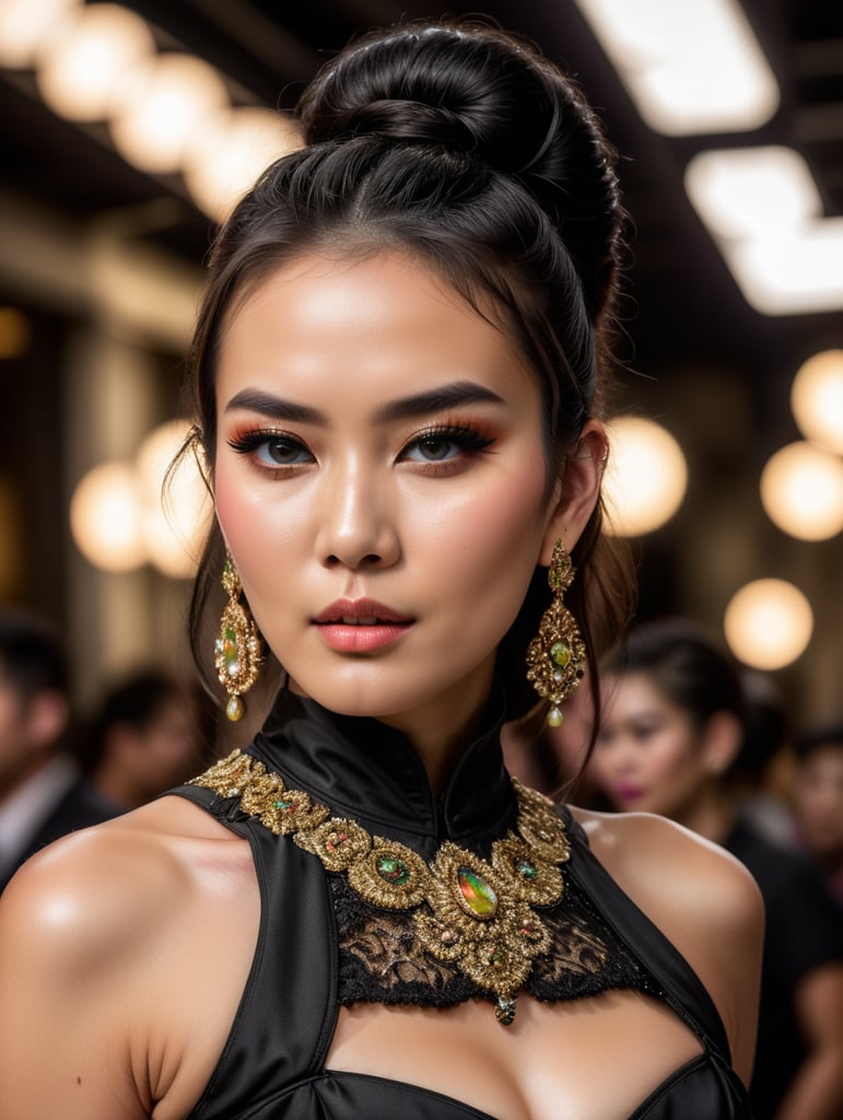 Asian female model walking down a fashion show runway, dressed in a cloths made of buns , dark short hair, neon makeup, bright eyes, luscious lips, lights are pointing at her, the audience applauds, female full body