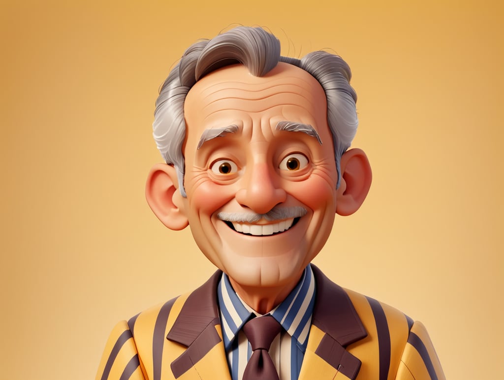 Smiling and cheerful old man in a striped jacket on an isolated yellow background