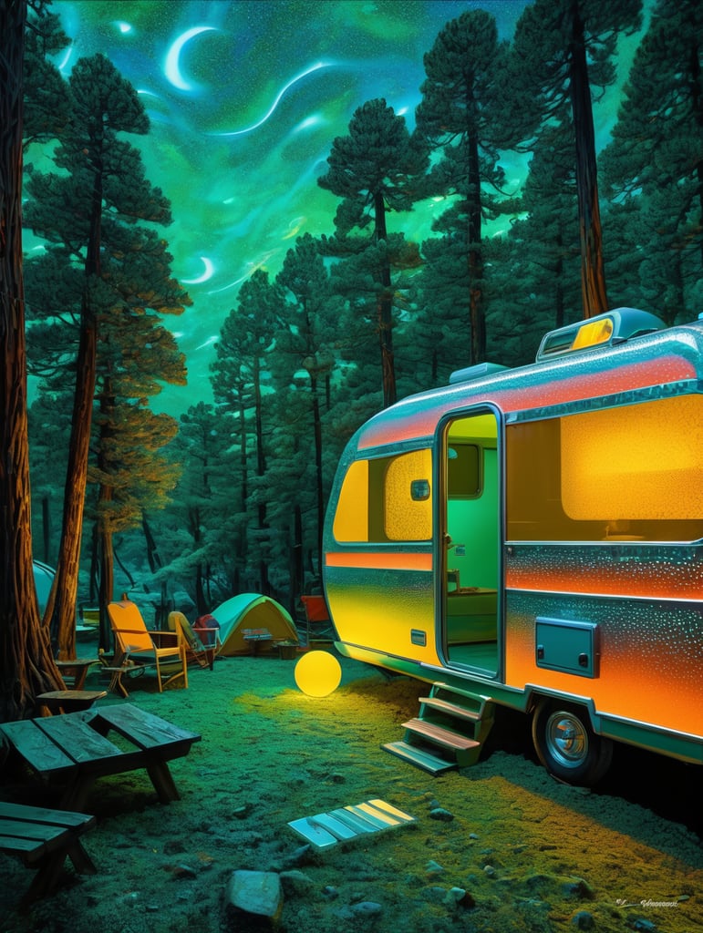 Fine Art Fluorescent Pointillism Sci-fi Surrealism Photography, Futuristic camping trailer, Portrait made of hyper-detailed transparent frosted plastic, Moebius Bernard Buffet, van Gogh, Vermeer, Erin Hanson, Pierre Soulages, National Geographic, textured depth, vibrant fluorescent hyperrealism photo