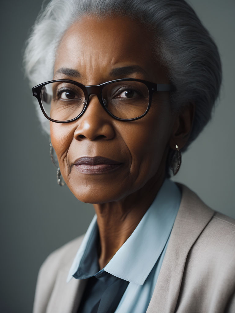 elderly woman, black skin, gray hair, glasses aging gracefully wise dignified beauty of age respect for elders, Vivid saturated colors, Contrast light, studio photo, professional photo, Detailed image, detailed face