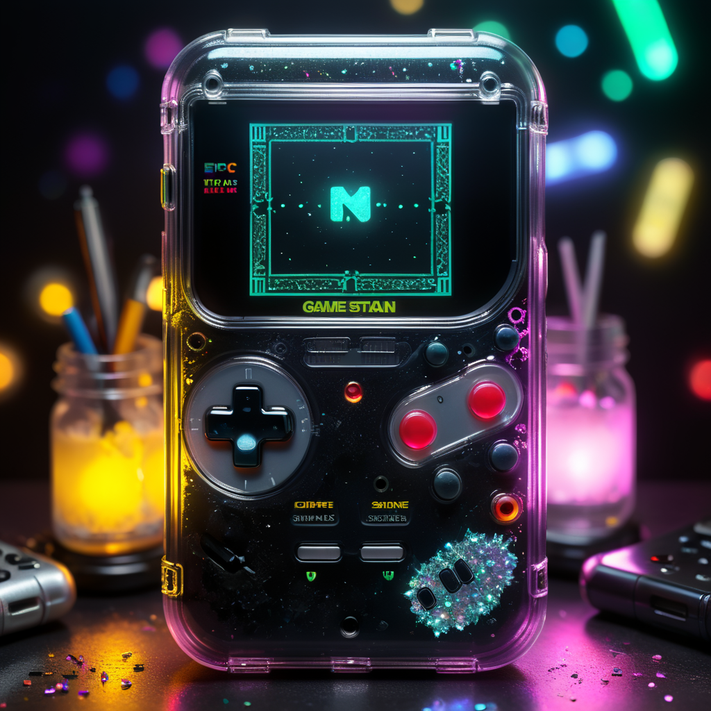 3d render retro tiny cute black shiny game boy translucent plastic case, neon light, glitter background