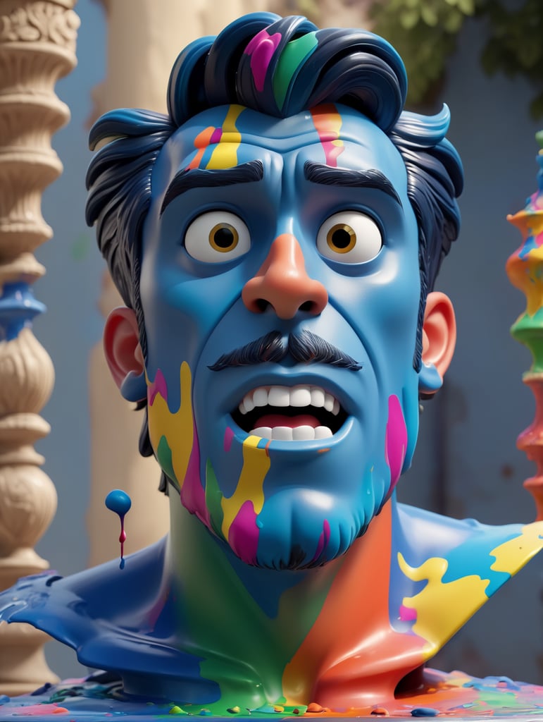 greek male bust with colorful paint, melted, the paint is flowing, aesthetic background