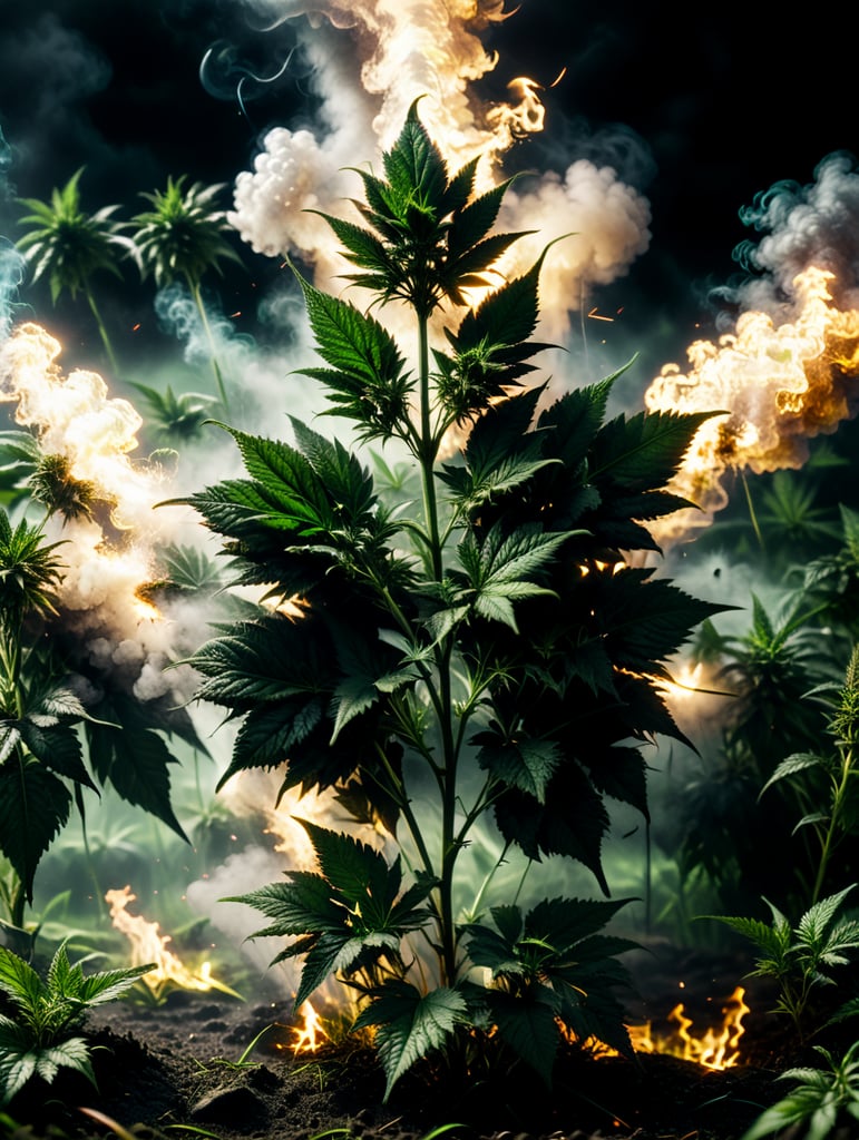 marijuana plants and field exploding weed leaves floating in the green black ground, smoke 4k photo-realistic
