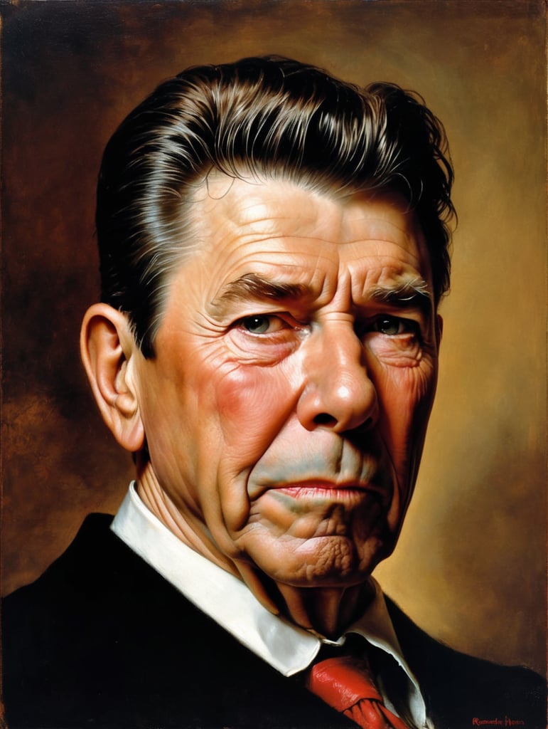 Portrait of Ronald Reagan by Rembrandt Harmenszoon van Rijn, sad face, America, so sorry