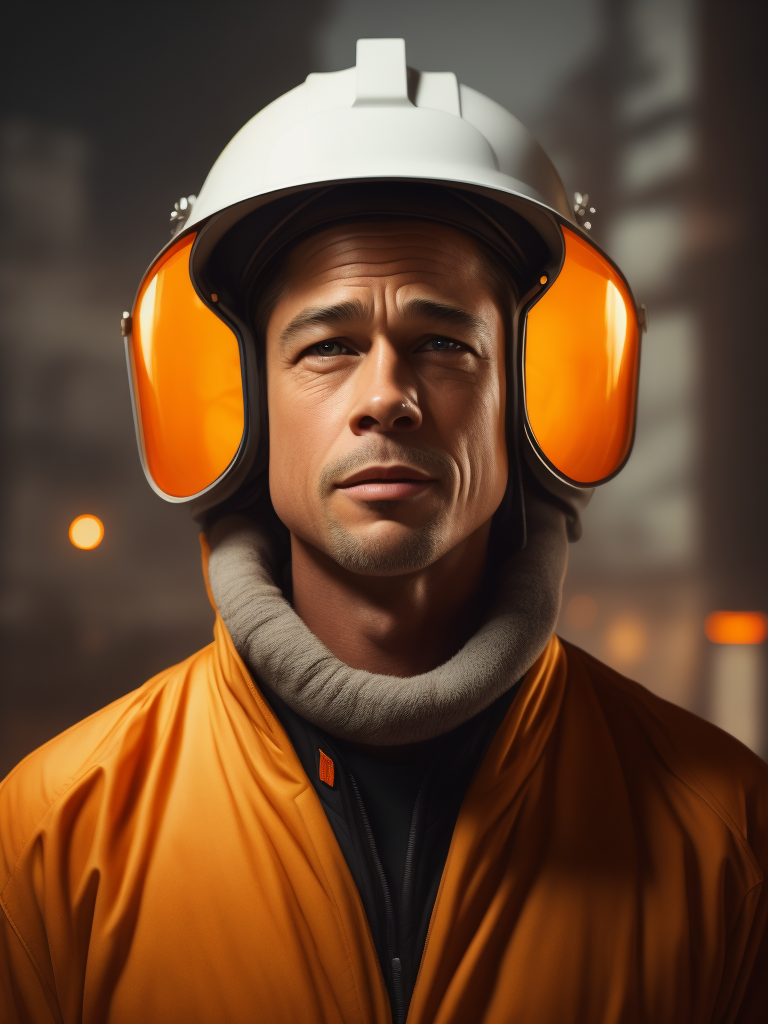 portrait of Brad Pitt as oil worker, wearing a white plastic helmet and orange robe