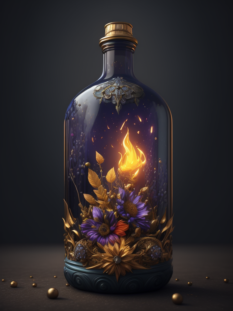 Magic elixir bottle from, carved glass, decorated with flowers and gems, fairy atmosphere, illumination, dark blue color, smoke
