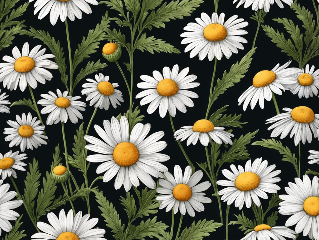 botanical art chamomile print plant illustration leafy chamomile nature inspired artistic flora chamomile vibes fresh botanicals textured leaves vibrant prints