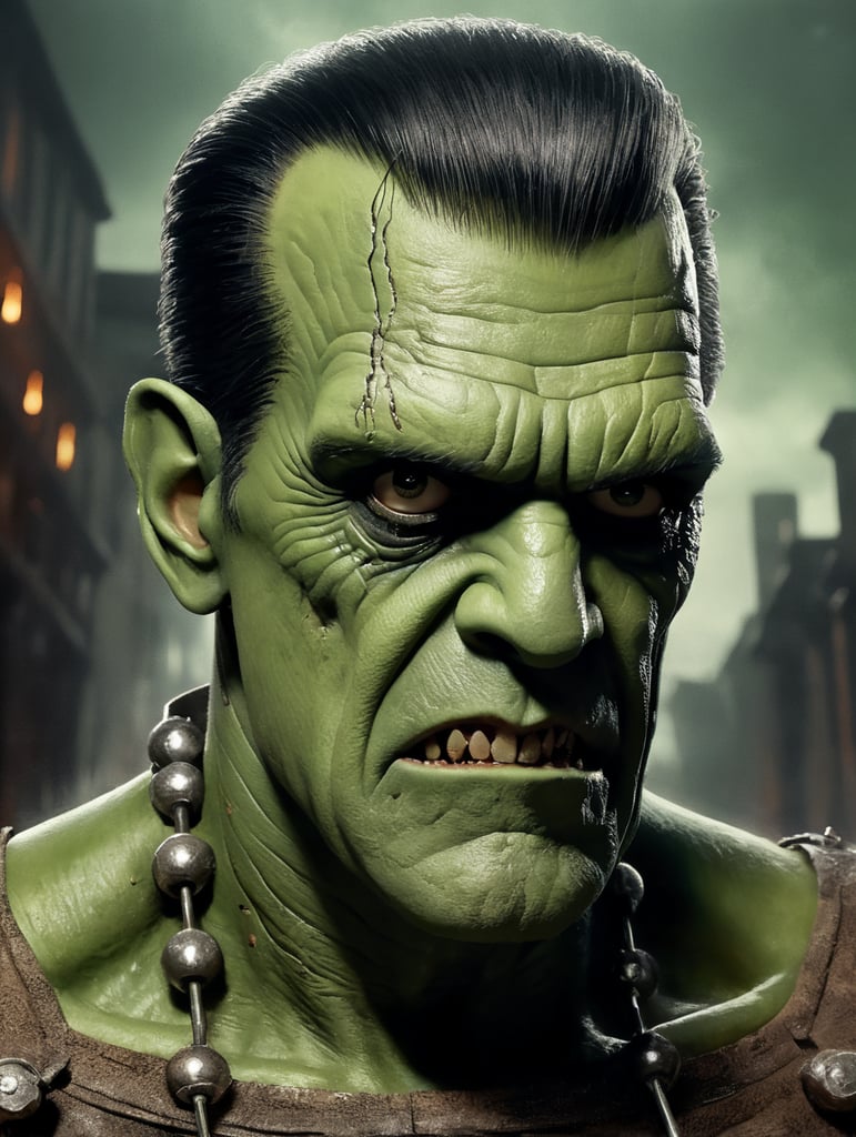 cartoon full body image of Boris Karloff as Frankenstein's Monster, Green Skin, muted color palette, atmospheric, creepy, intricate detail, reanimated corpse, scar tissue, decomposing, starring eyes, horror, horrific, bolts sticking out of sides of neck, gangrene, veins, mutilated, stitches on forehead