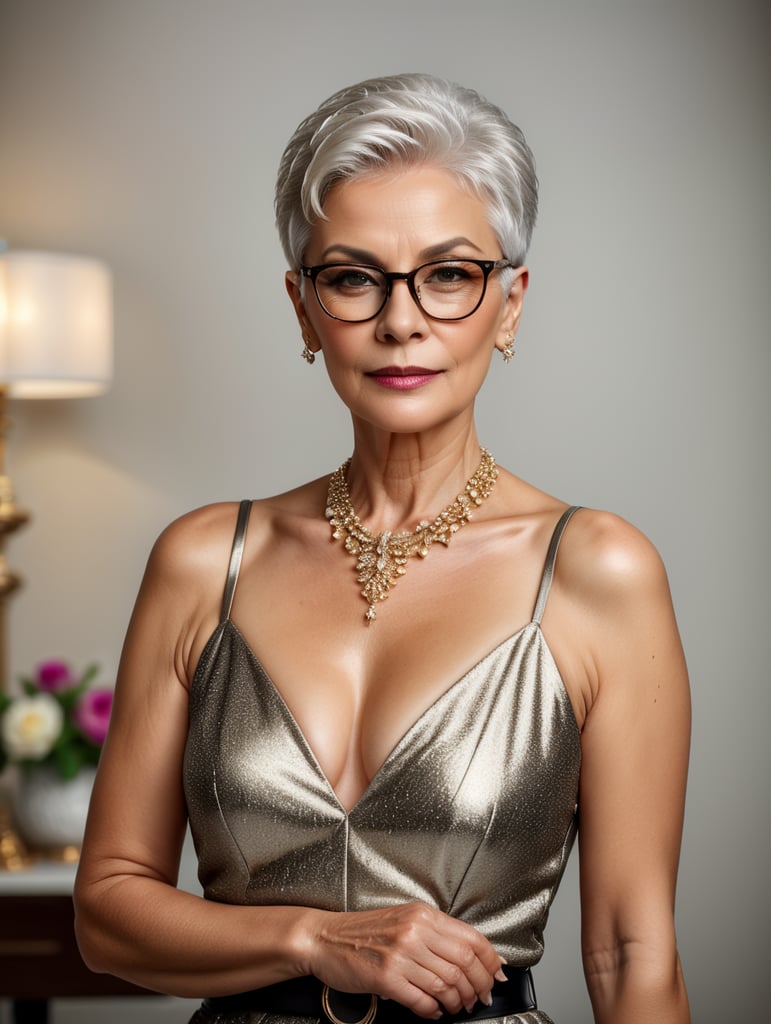 A portrait of a beautiful stylish older woman with white platinum short hair and big glasses, glamorous Hollywood portraits, highly realistic, daz3d, women designers, high resolution, very fashionable, colorful, dress as young woman