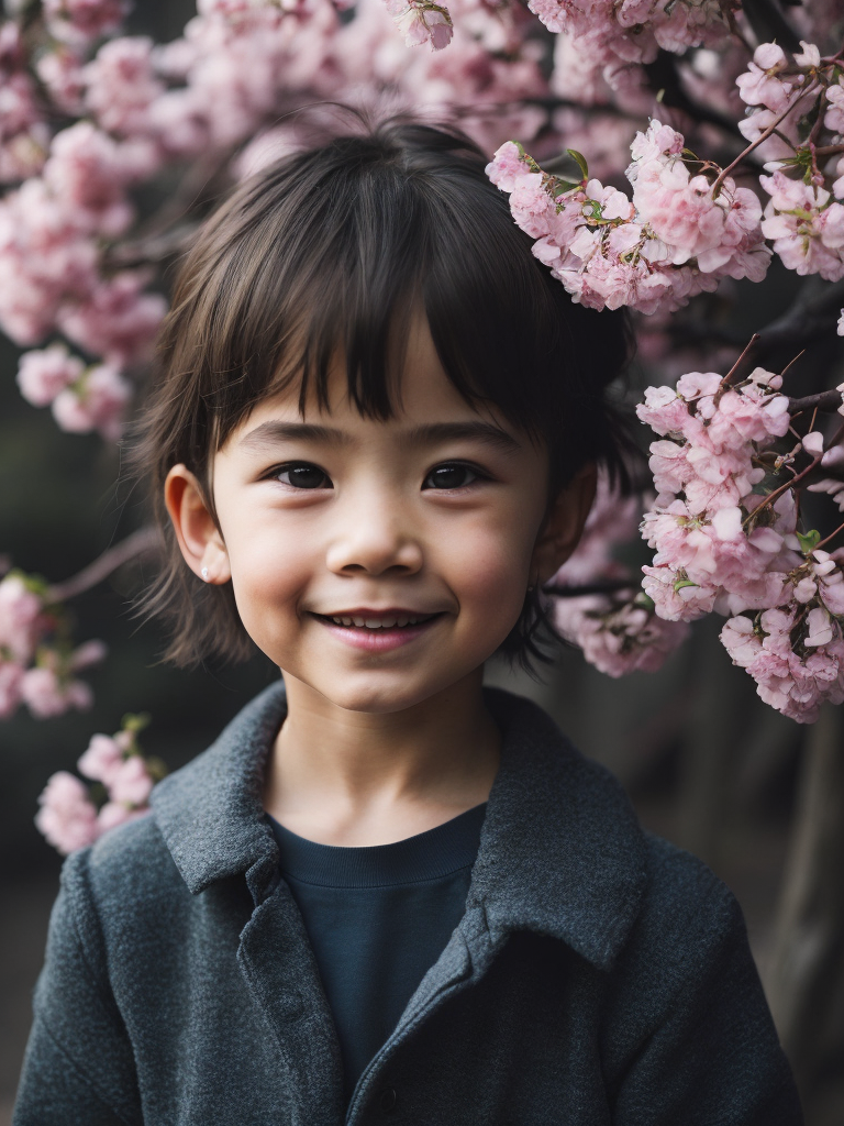 girt, 5 years old, smile, looking straight into the camera, cherry blossom background, detailed