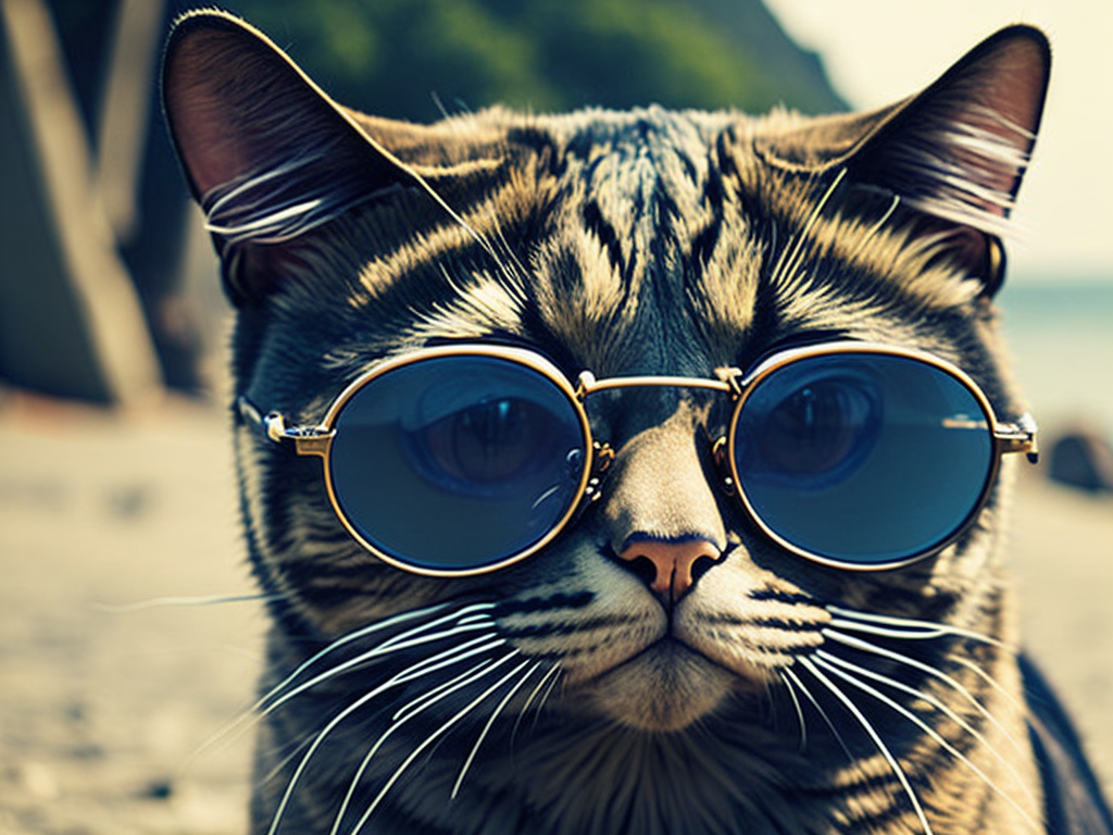 Cool cat hanging at the beach in sunglasses. Summer kitty by the sea. Sunbathing pet in shades. top