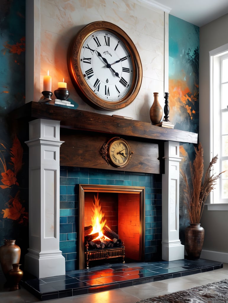 Front view of Wood burning in a fireplace with a tiled surround and a simple mantle piece with an old clock on the wall