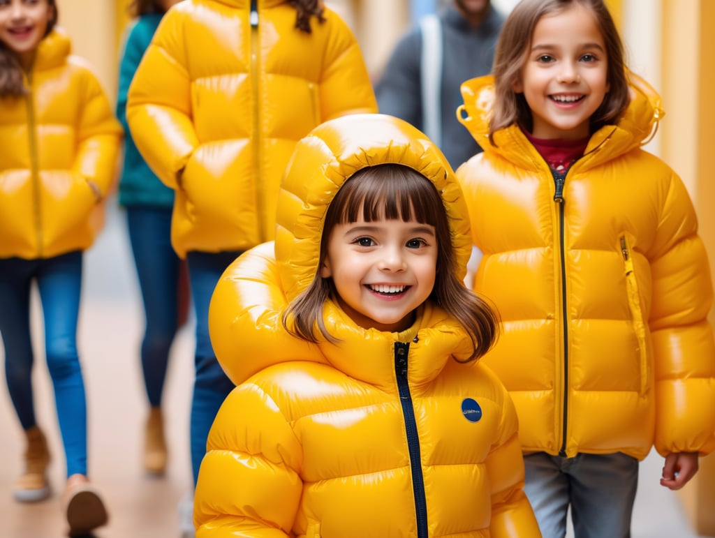 photo happy little girl going to travel, cute girl, dressed yellow inflatable puffer jacket, yellow background, harpers bizarre, cover, headshot, hyper realistic, vibrant colors