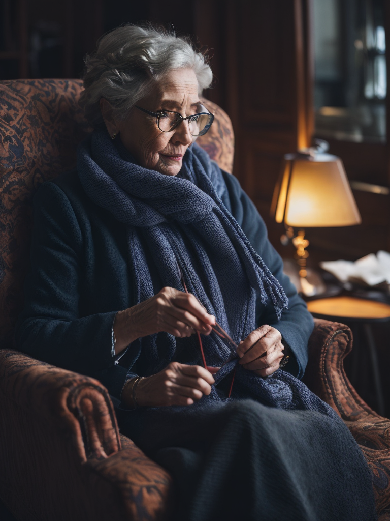 Grandma is sitting in an armchair, knitting a scarf