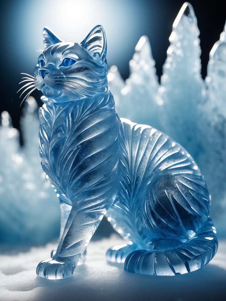 Highly detailed shot of an blueish ice sculpture in the shape of a Russian cat, full-body shot, dramatic shattering ice background, full motion effects, diagonal view, ice crystal particles everywhere, back light, ultra sharp focus, high speed shot, subtle color, Bioluminescence, high quality