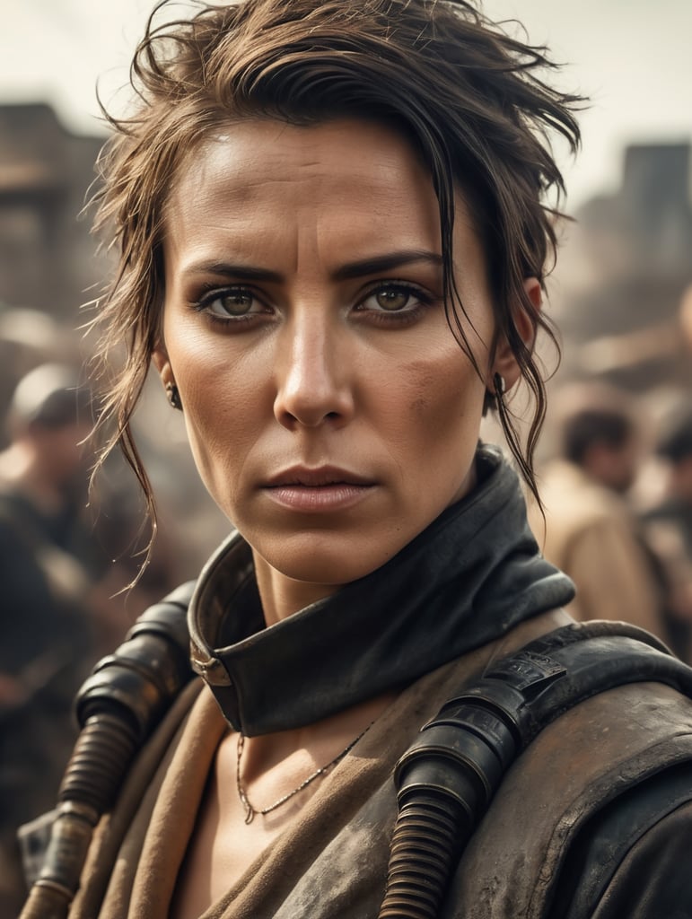 create an image where the protagonist is a woman, a dystopian theme in the style of mad max, with wes anderson as a reference.