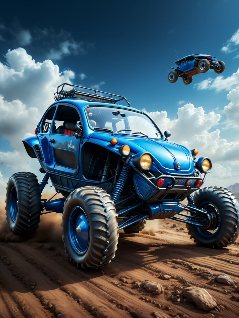 blue buggy car flying on the sky