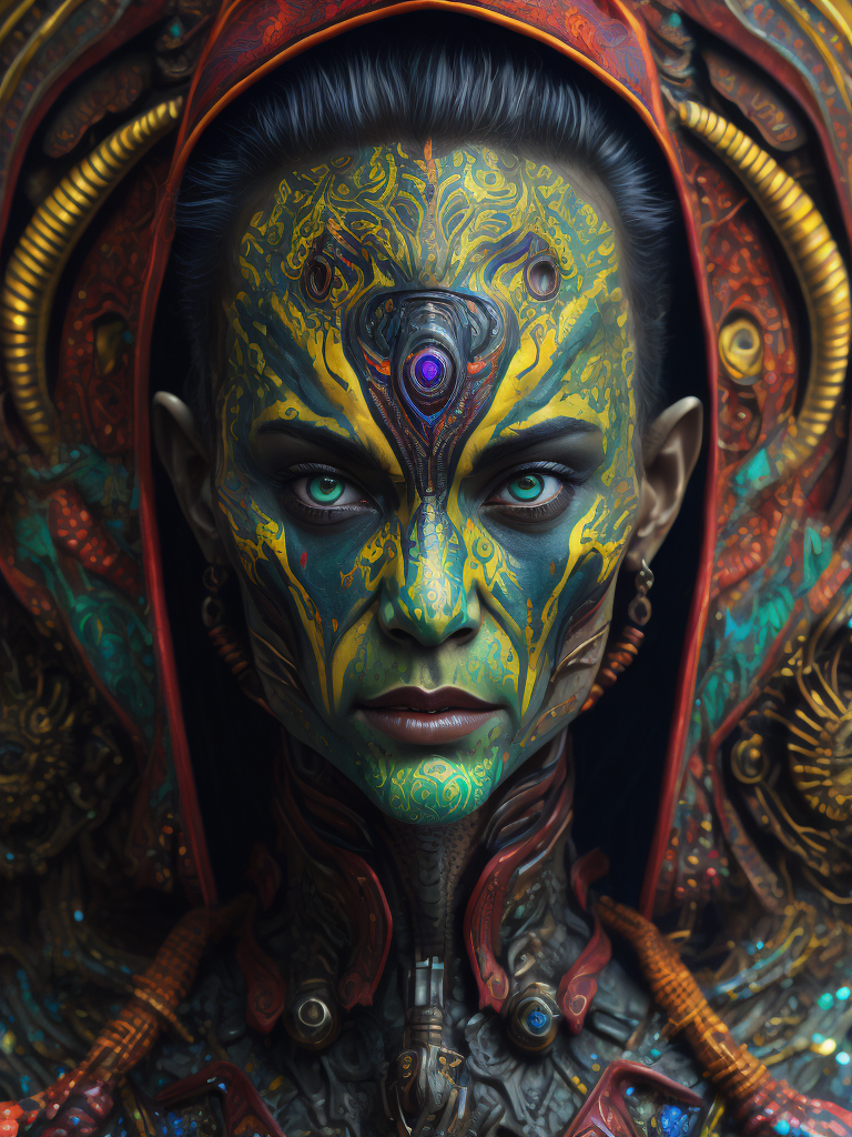 Portrait of an alien, batik, intricate details, surreal, Alien, Cyberpunk Trashcore Style, s 1000, Bright, saturated colors, elegant, highly detailed, fashion, fashion magazine, sharp focus, bright expressive face painting, dramatic lighting, shallow depth of field, incredibly high detailed blurred background, professional digital painting, concept art. s 1000
