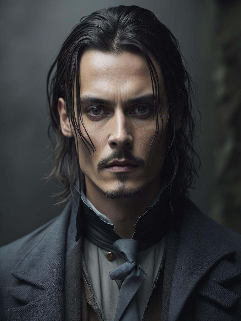 Portrait of Johnny Depp as Count Dracula, majestic look, long hair, mantle, against the backdrop of a medieval castle, detailed background, contrasting light, detailed face, muted tones