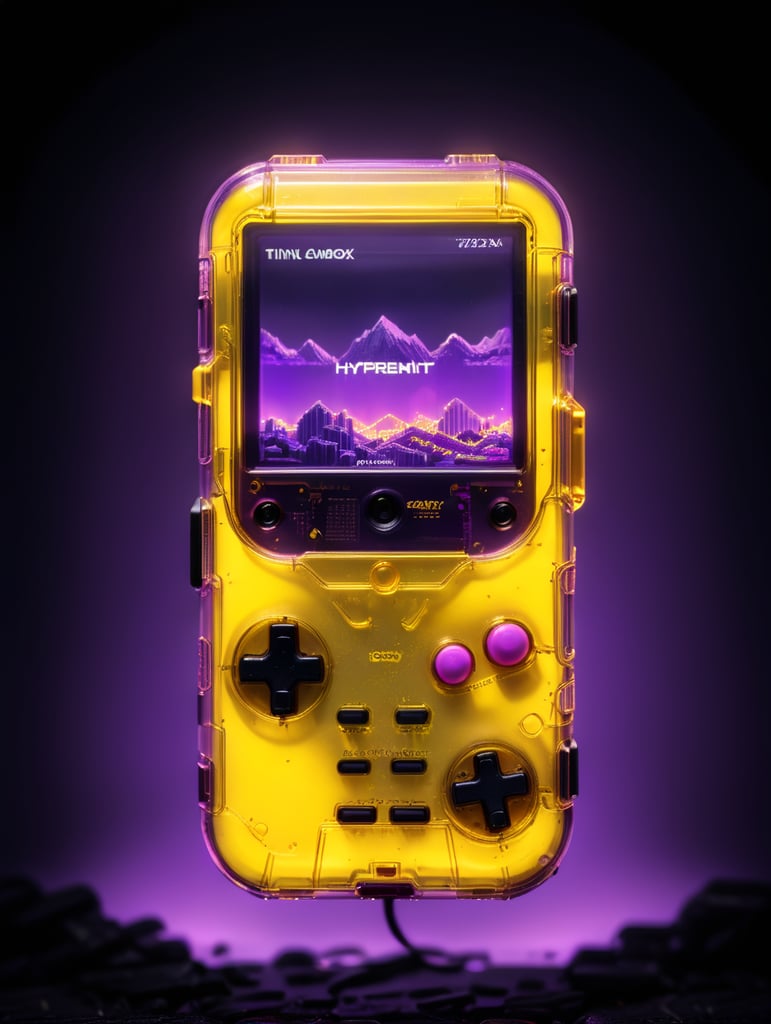 3d render retro tiny cute yellow game boy translucent plastic case, neon light, purple background