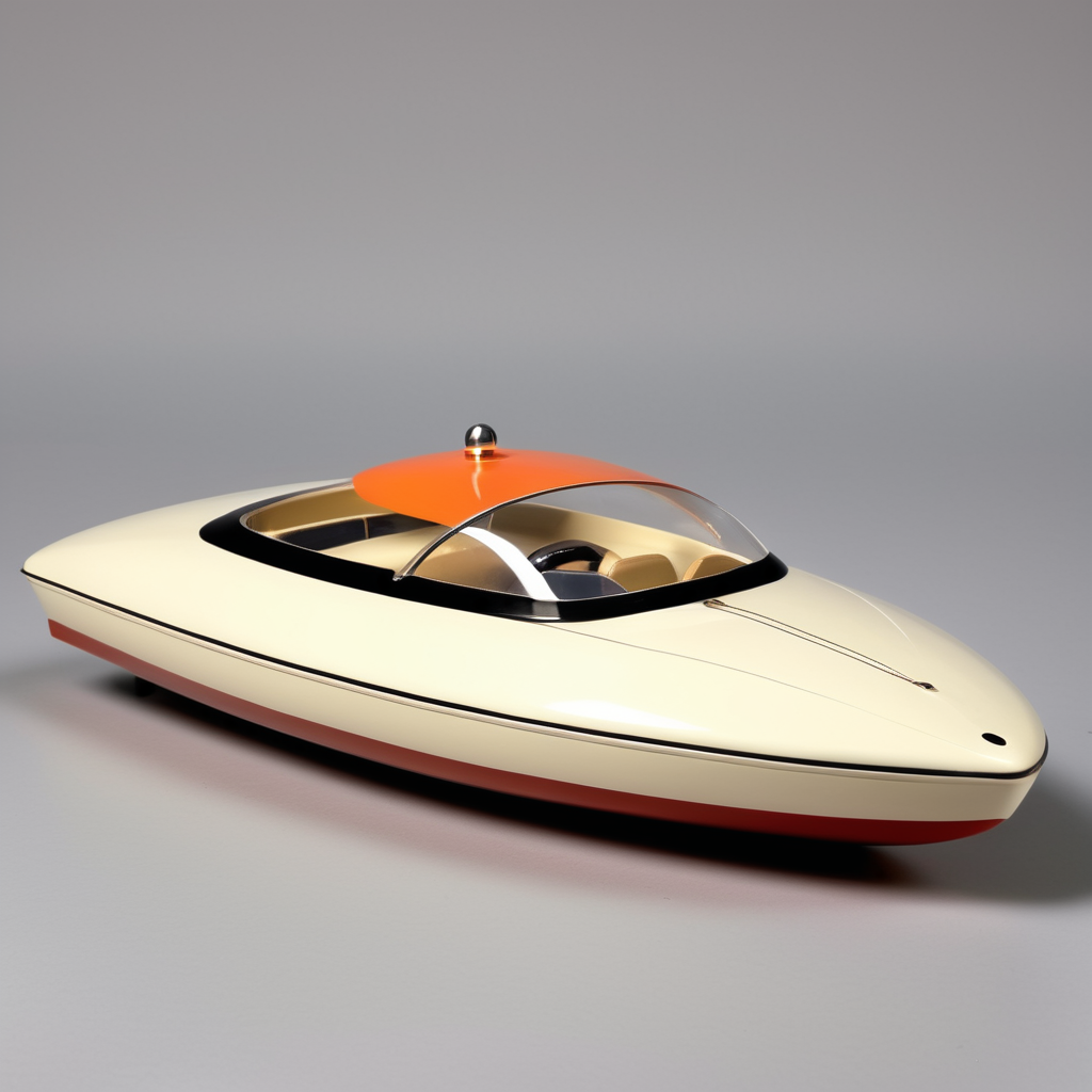 Toy chubby 1950s riva high speed racing boat designed by Dieter Rams. Simplistic minimalist post modernist product design. Oak top and injection molded plastic. Full object in view. Radio controlled