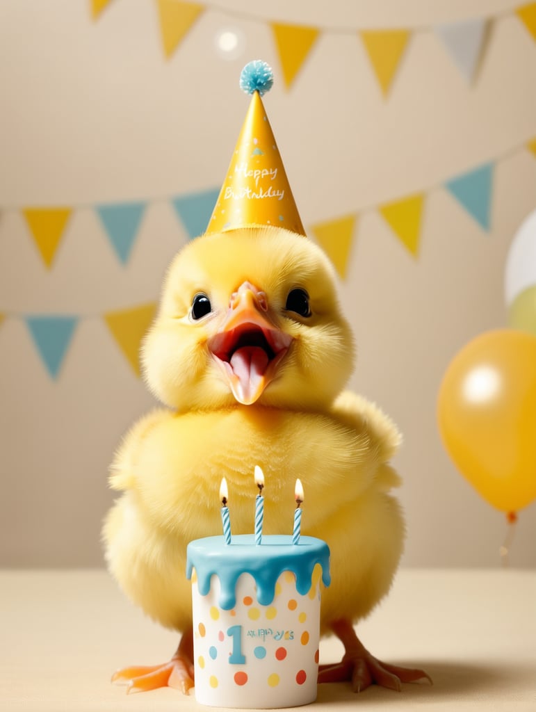 portrait of a Yellow Baby Chick Singing Happy Birthday, stands front camera with birthday cap, happy birthday image