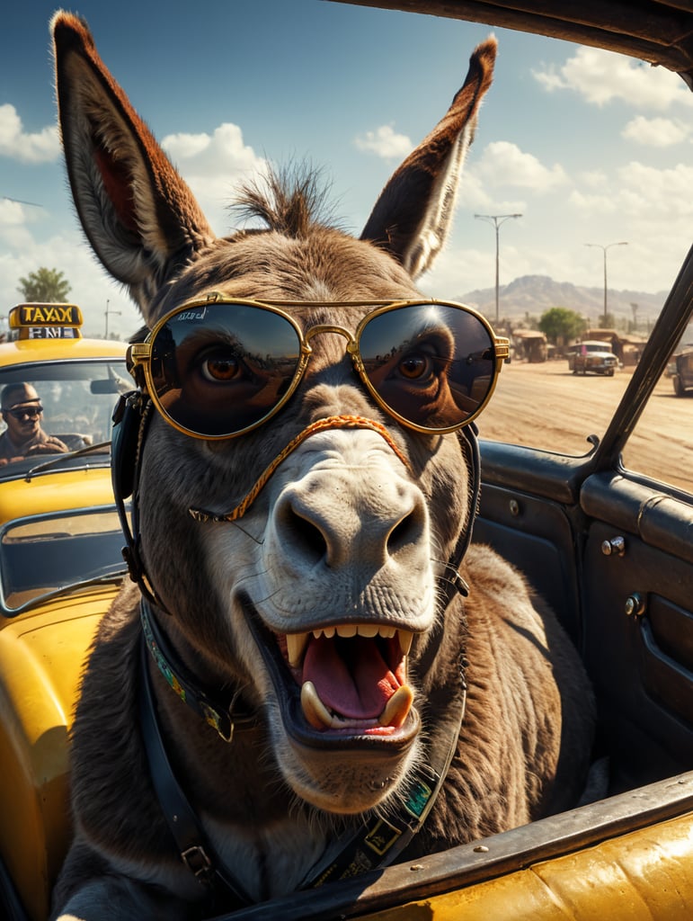 Donkey taxi driver, donkey sitting behind the wheel of a taxi, close-up shot, sunglasses