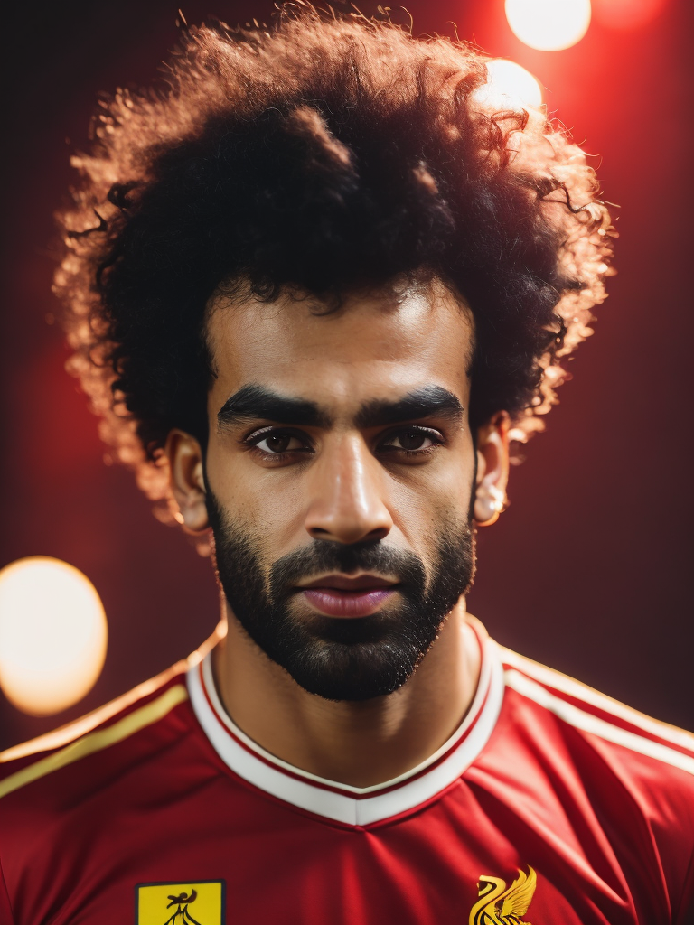 Mohamed Salah portrait in a red Liverpool football uniform, bright and saturated colors, highly detailed, fashion magazine, sharp focus, Dramatic Lighting, Depth of field, Incredibly high detailed, blurred background