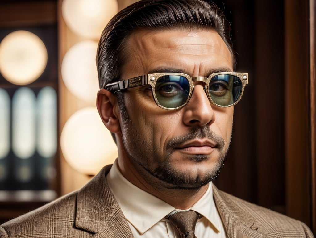 a man wearing augmented reality glasses in the style of vintage photographs from the 1960s, printed portrait of an old albo. The image on the augmented reality glasses needs to be from the 21st century