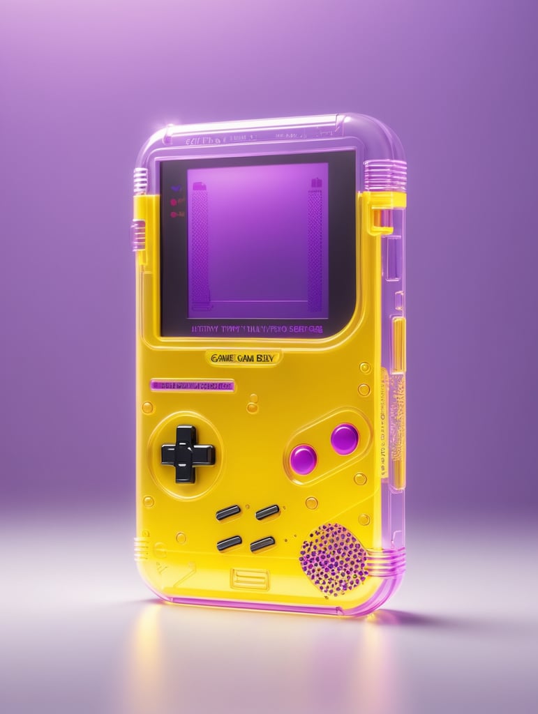 3d render retro tiny cute yellow game boy translucent plastic case, neon light, purple background