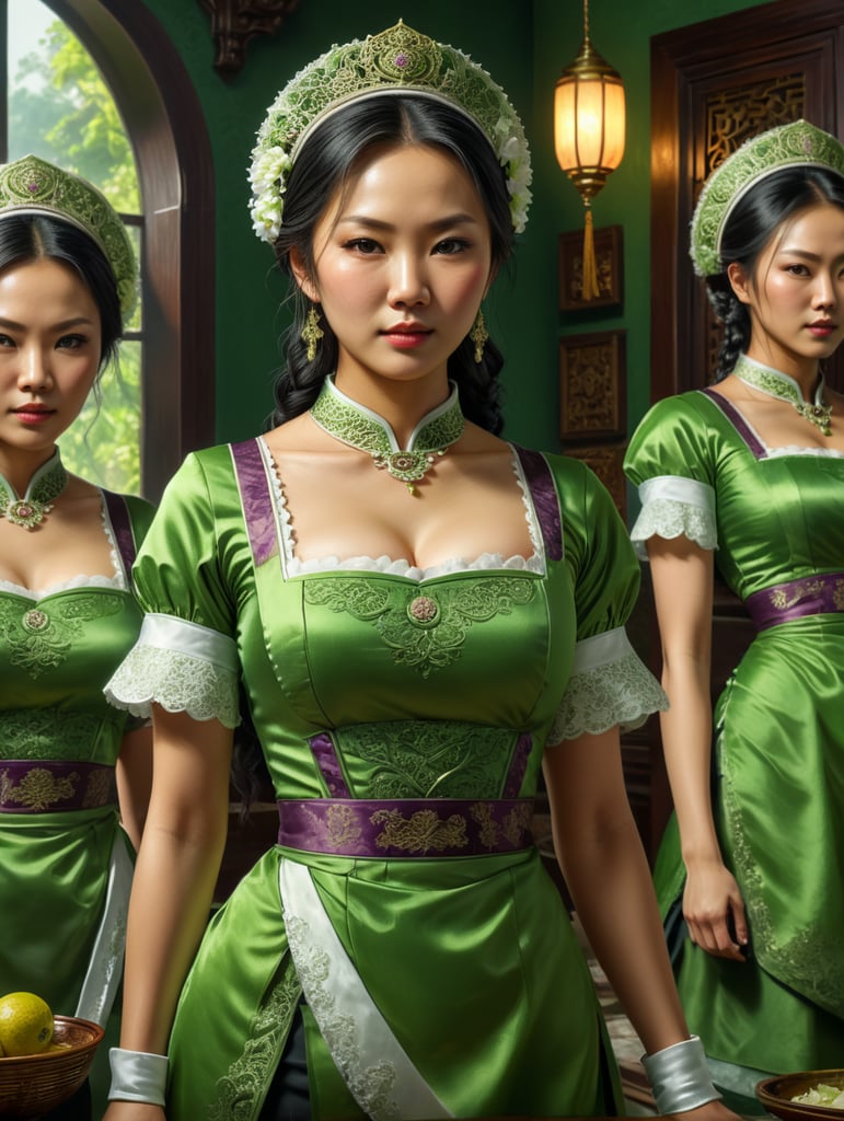 woman asian maids. green background.