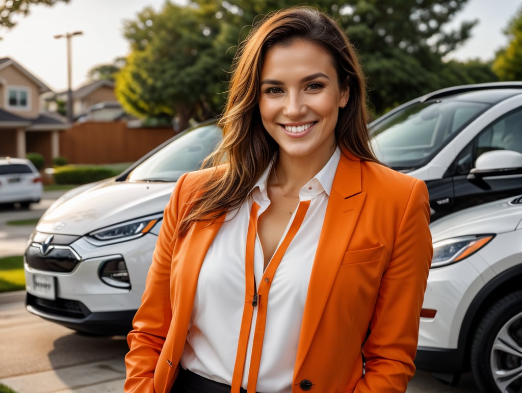 woman, bright orange blazer, white shirt, smiling, outside, suburbs, charging electric car