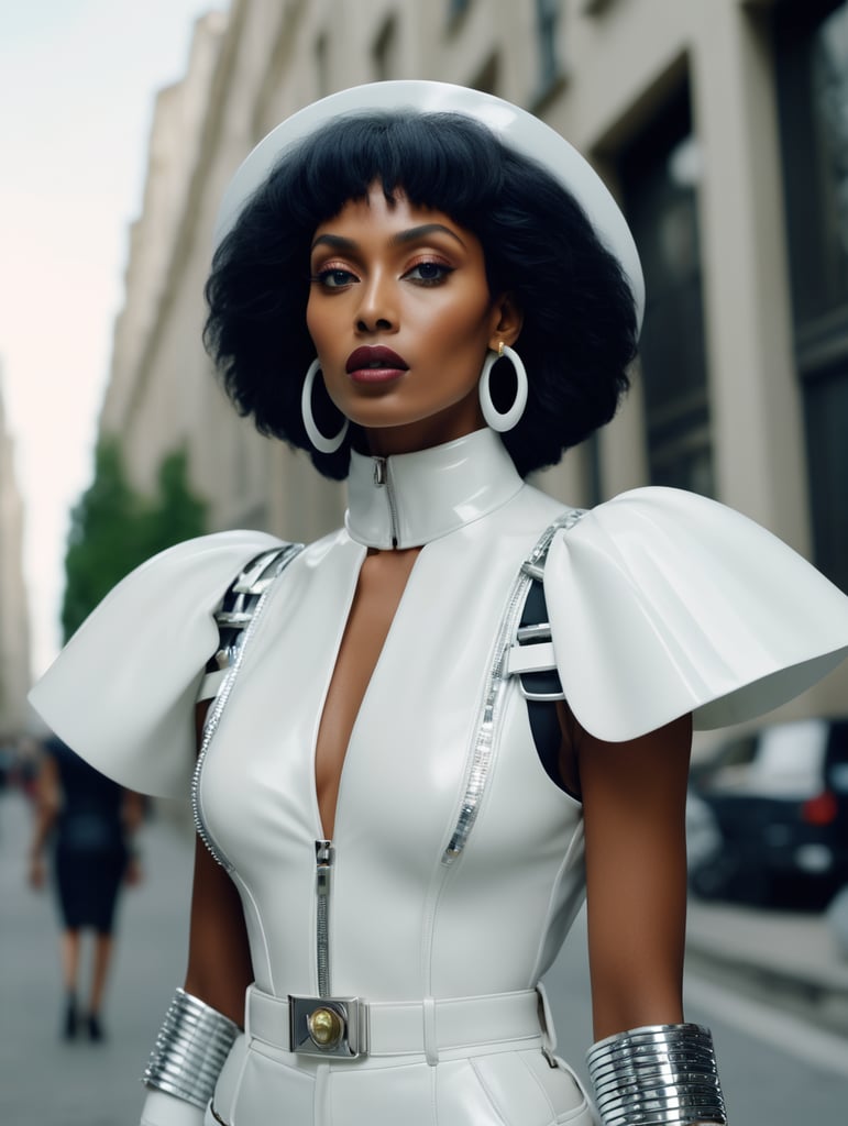 Donyale luna, model, 8k resolution, hyper realistic, day, 35mm film, editorial, high fashion, 2023, off white by virgil abloh