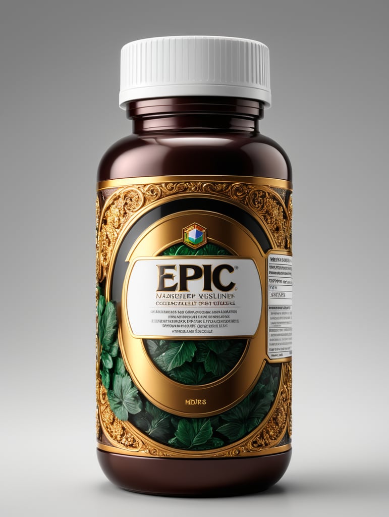 White background, side view product photography of a supplement bottle, ultra-realistic, ultra-detailed, super intricate design, intricate detail, Object in the center of the image
