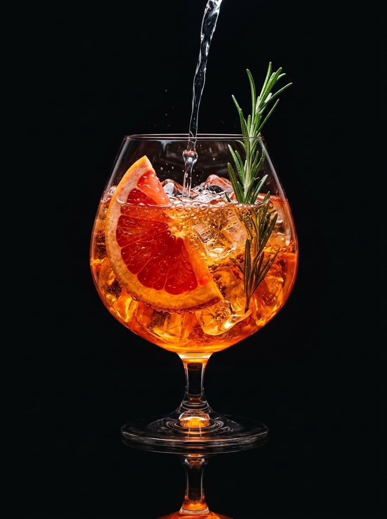A vibrant, glowing orange cocktail in a large balloon glass sits against a pitch-black background as clear liquid is poured into it from above. The glass is packed with irregular ice cubes, a thick wedge of textured ruby red grapefruit, and a tall sprig of fresh green rosemary. The descending stream creates delicate splashes and tiny bubbles on the surface. Dramatic low-key lighting isolates the glass in pure darkness, casting a fiery amber luminescence that radiates from within the drink and highlights the elegant stem resting on a dark reflective surface. The moody macro photography emphasizes the rich color saturation of the citrus and the crisp crystalline textures of the ice against the absolute void.