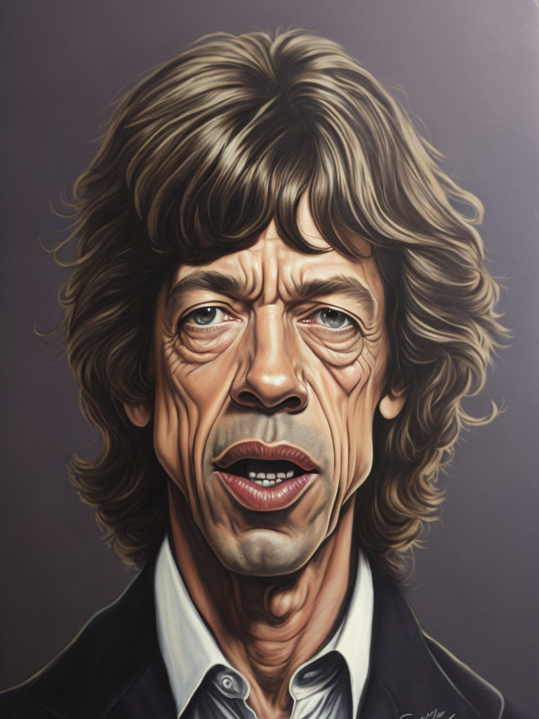 Mick Jagger drawing, in the style of iconic pop culture caricatures, hyperrealistic paintings, john larriva, chris dyer, alberto giacometti, light brown, humorous caricature