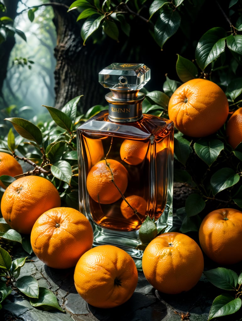 professional photography of a luxury perfume, orange fruits around, orange forest, green satin scarf, no label, clear, mockup