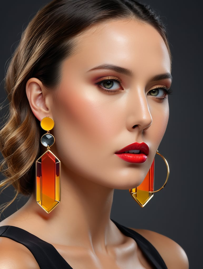 Minimalist earrings of vibrant colors with ACRYLIC and gold materials inspired by the architecture of Luis Barragán placed on a woman with a beautiful face and a dark gray background.