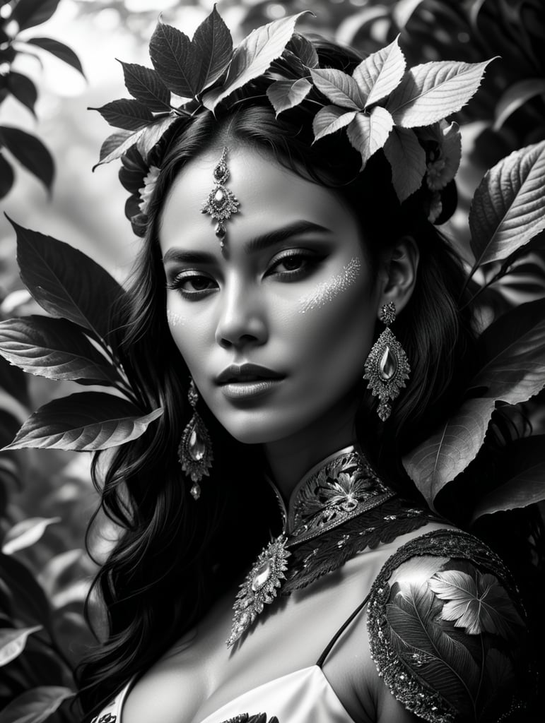 high fashion photography model pop art mexican woman dramatic pose upper body looking in the distance while holding a leaf black and white photography high details Tim Walker style award winning intrinsic detail dreamscape photo-art high fashion portrait style of a female supermodel with stylized modern hair in John Galliano fashion design in a high fashion studio, hd, 8k