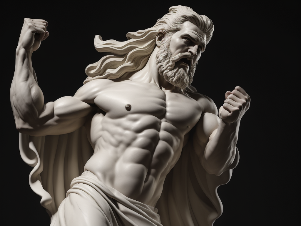 A realistic portrait white greek marble statue of a zeus, black background, angry, photorealistic, movie scene, super detailed, hyperrealistic, full body, rage face, no hands