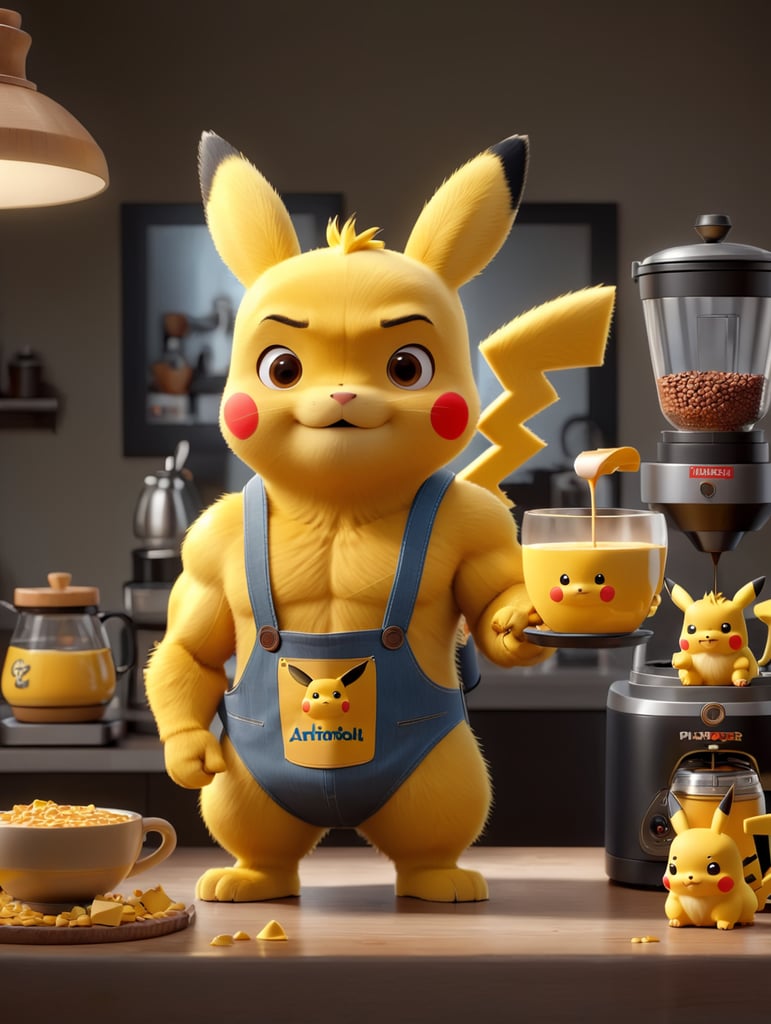 Arnold Schwarzenegger fazendo café fantasiada de pikachu