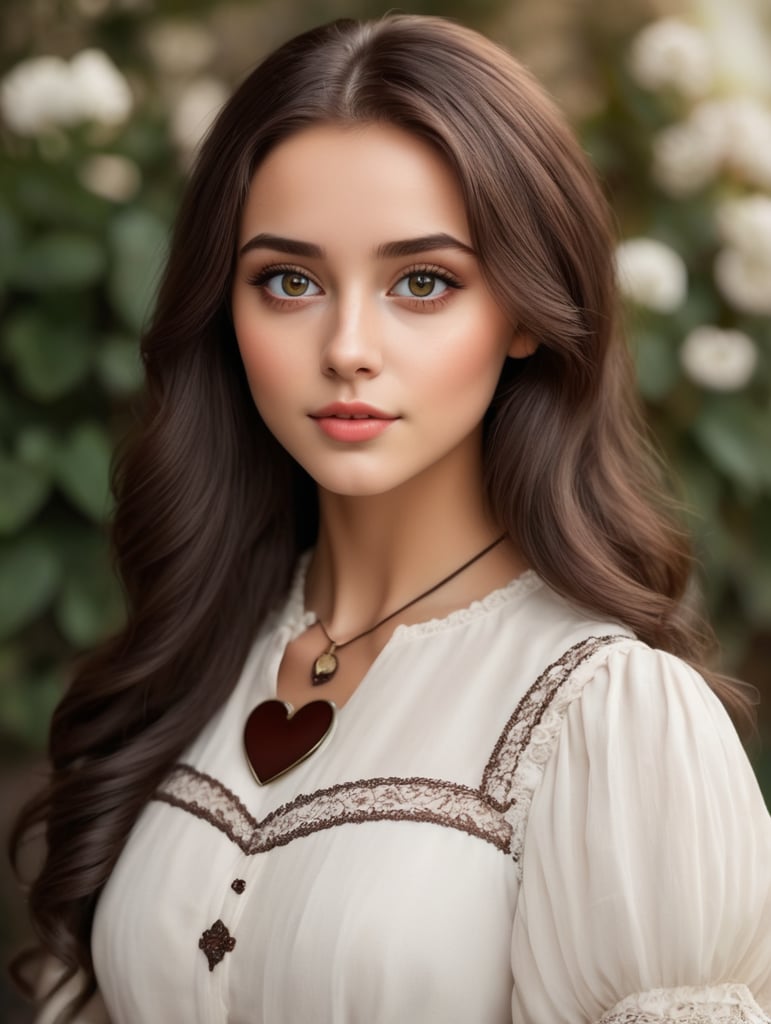 high contrast, saturated Highly detailed, Pretty regency twenty year girl with chocolate hair color, small heart shaped face, sharp dark bright upturned eyes with narrow inner corner