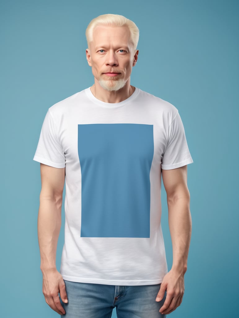 A middle-aged albino man wearing a white T-shirt, isolated, blue background, mockup, mock up