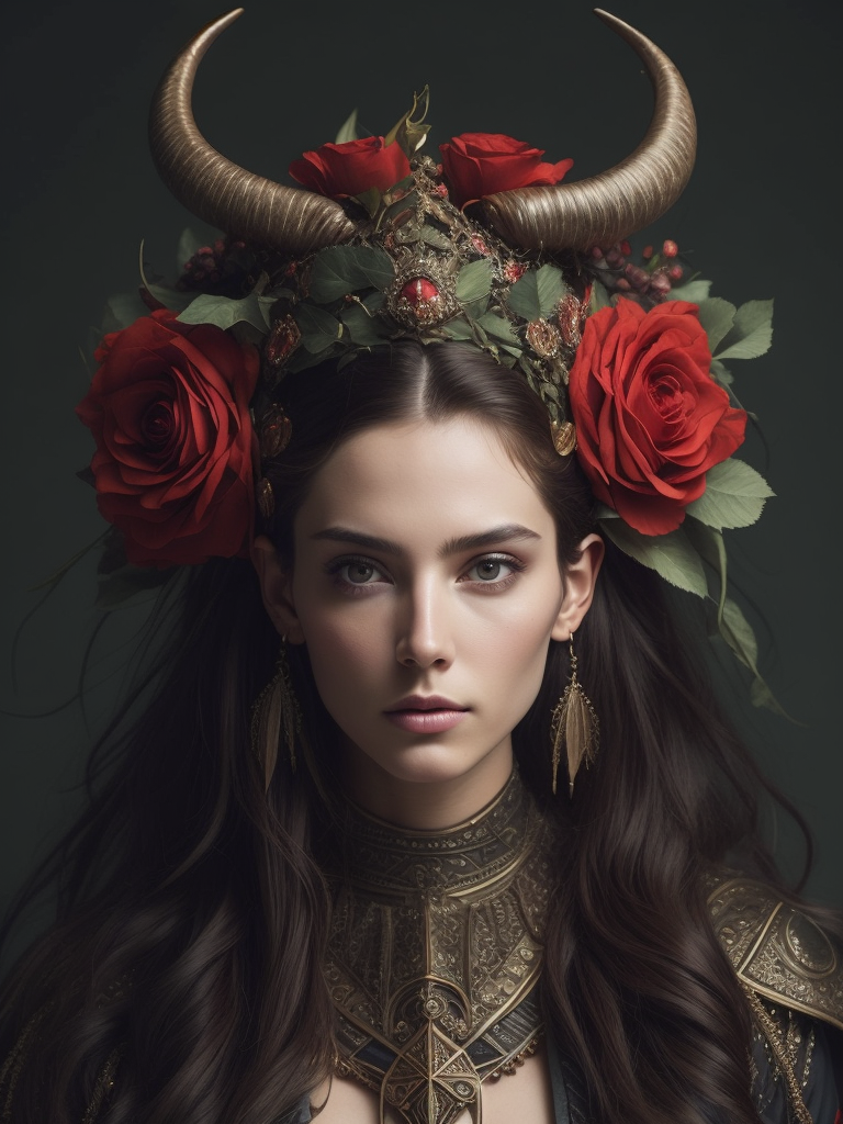 a girl wears a headdress with horns on it, in the style of hyperrealistic wildlife portraits, dark green and red, sofonisba anguissola, bess hamiti, medieval art, naturalistic depictions of flora and fauna, glen orbik