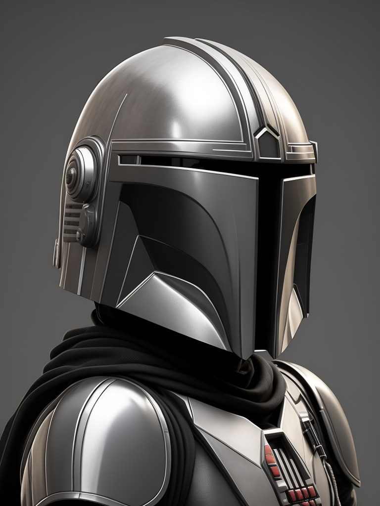 a front view of black and white Mandalorian helmet with round top