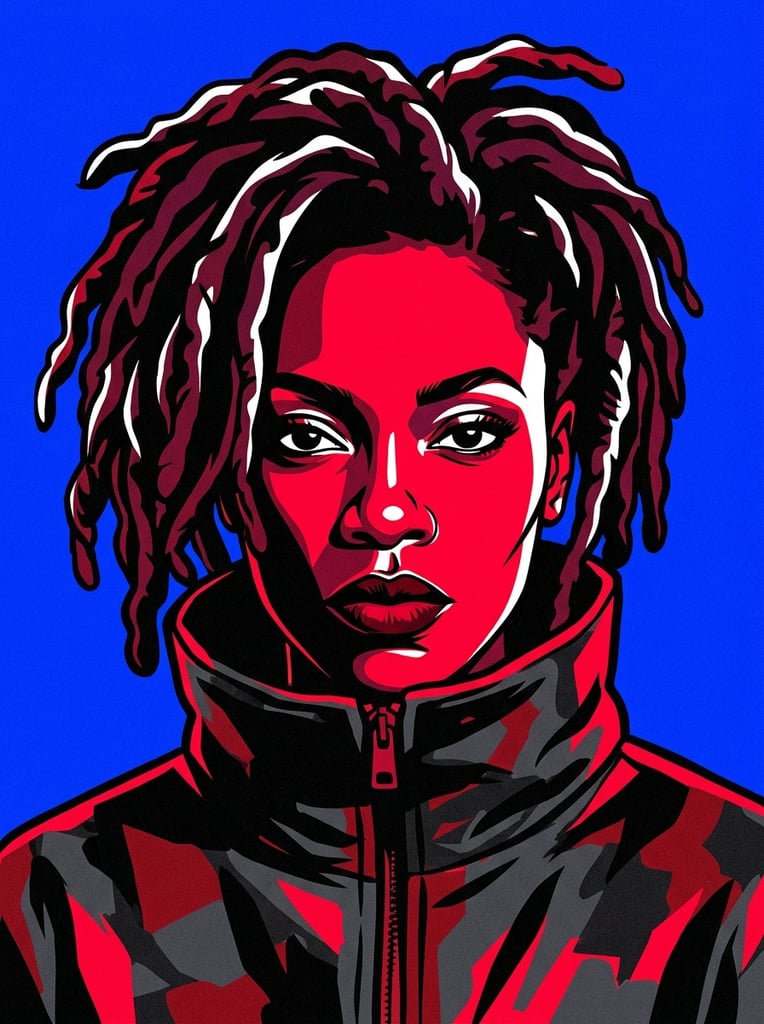 Pop-art digital portrait of a dreadlocked woman in a high-collared jacket. Her face is rendered with stark high-contrast flat color blocks of vibrant red, deep black, and white against a solid cobalt blue background with an intense forward gaze.