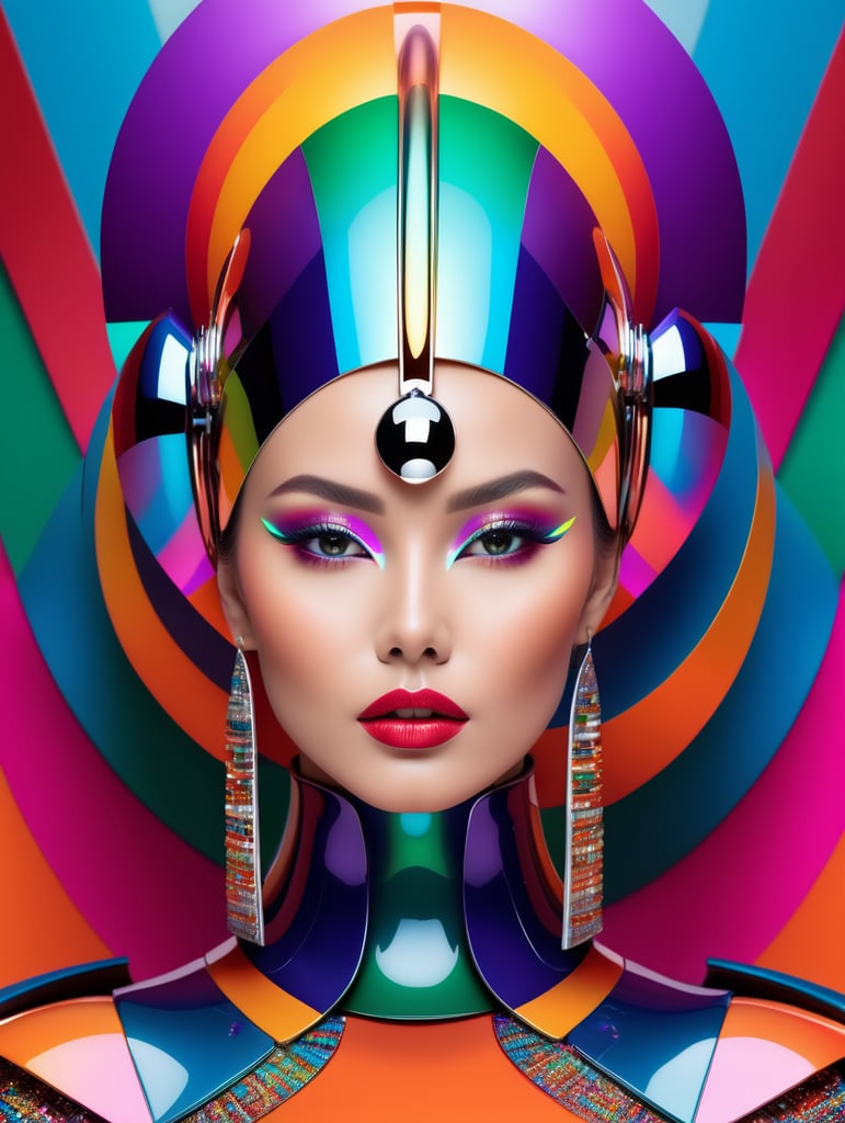 A beautiful female multicoloured pop sleek futuristic with huge headpiece center piece, clean makeup, with depth of field, captured in vivid colors, minimalist posterstyle