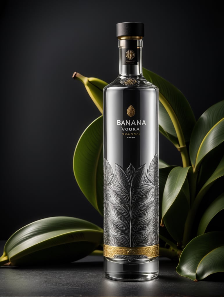 Tall minimalist glass banana vodka bottle design with a texture of closely spaced vertical lines with vibrant colors for a luxury matte black perfume with a shape inspired by vodka bottles. On a dark gray background. Packaging and branding for a banana vodka brand, a set design with banana, and banana leaves.