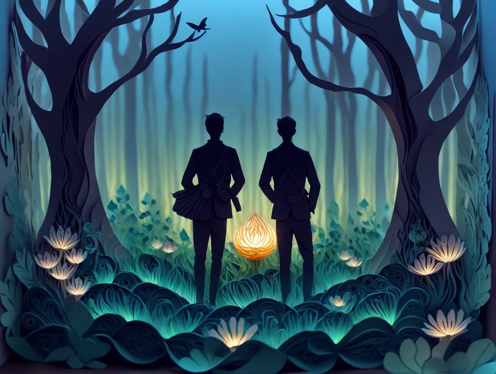 Using only the colors in the reference image, create a landscape of an peaceful and relaxing glowing forest with a single human exploring and glowing mushrooms on the forest floor